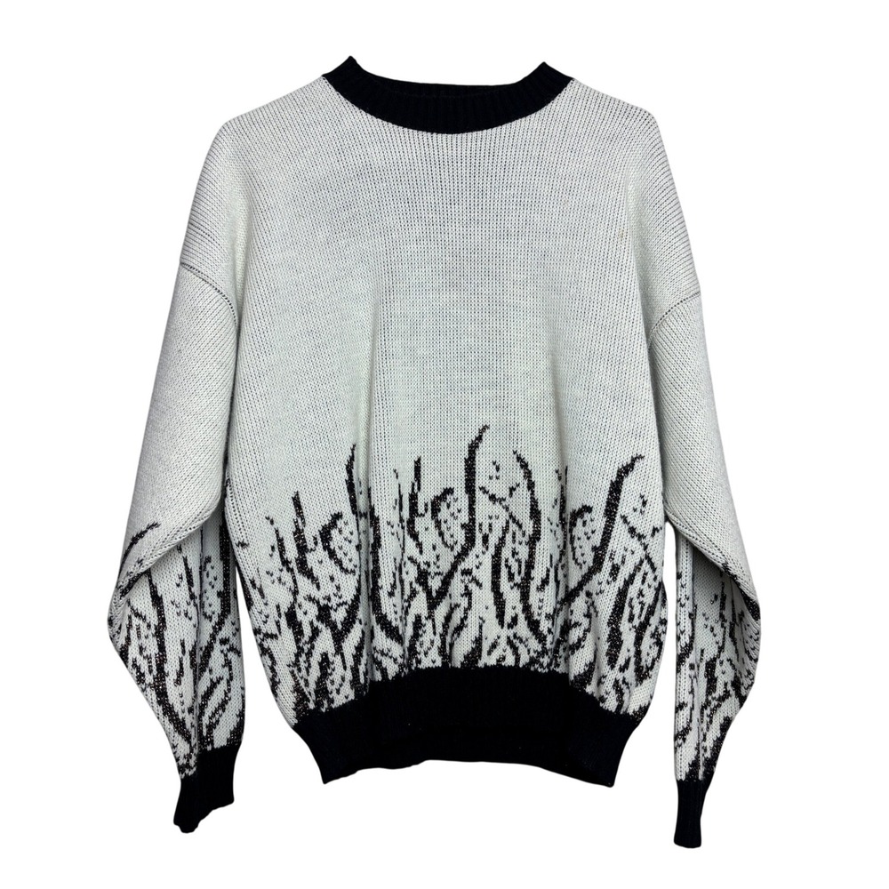 Vintage 90s Abstract‎ Flame Knit Sweater Top Black White Sparkle Women's L Punk